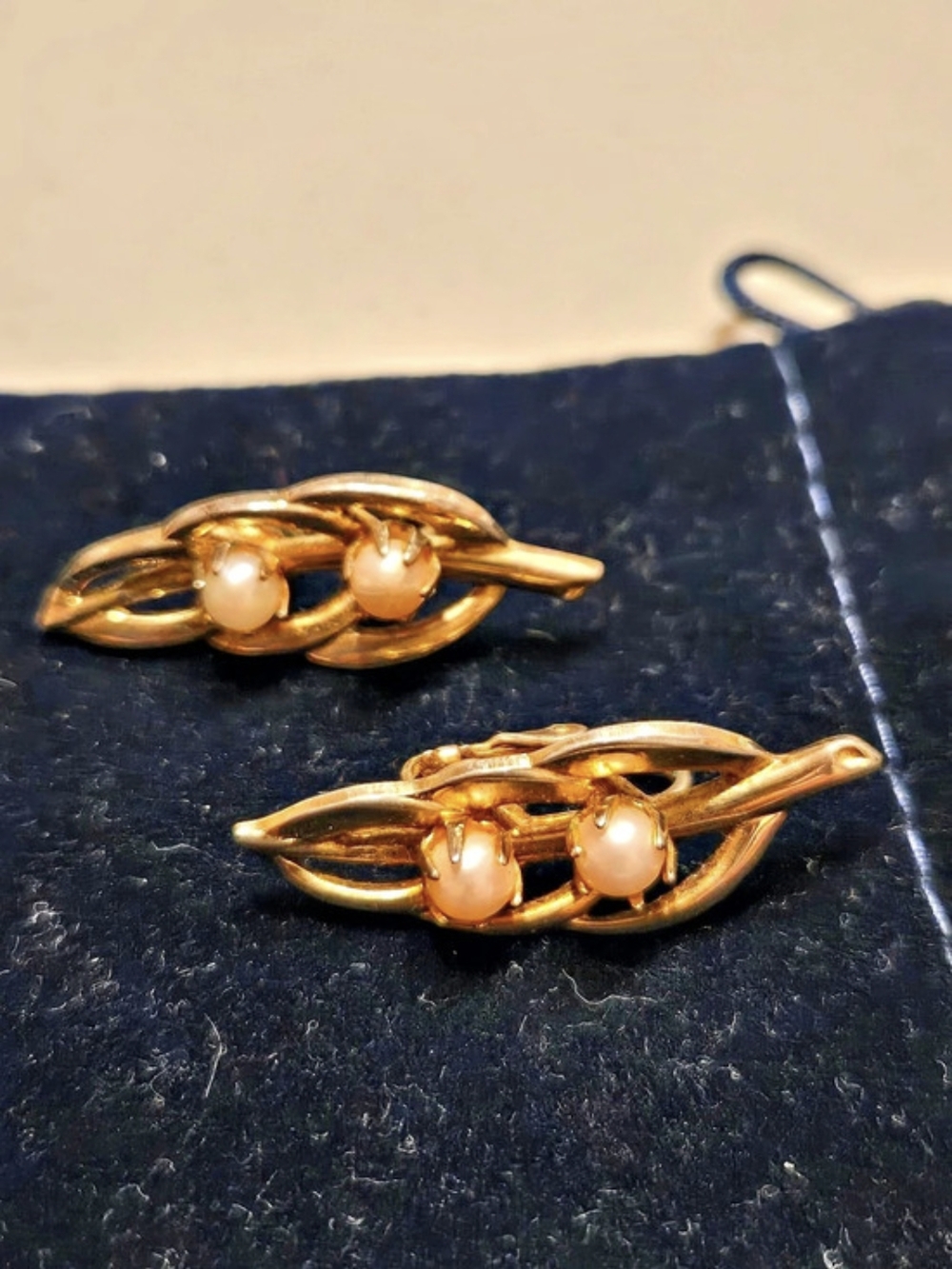 Vintage Gold & White Faux Pearl In A Leaf Earrings